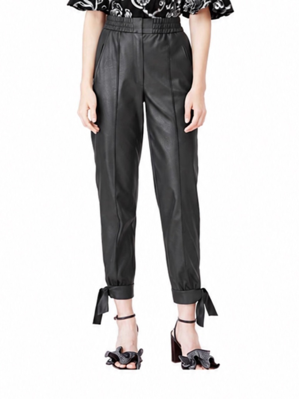 NWT! Rebecca Taylor Black Vegan Leather Cropped Pants With Ankle Ties Size 0
